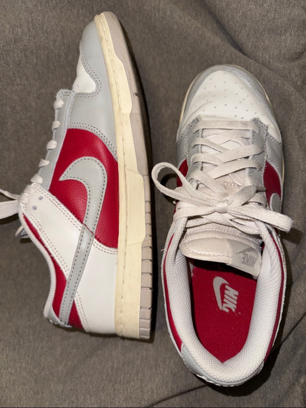 Nike Dunks in White, Red, Light Gray